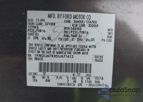 2005 Ford Explorer Sport Trac Adrenalin/Xls/Xlt from USA, damaged, VIN 1FMZU67KX5UA71613